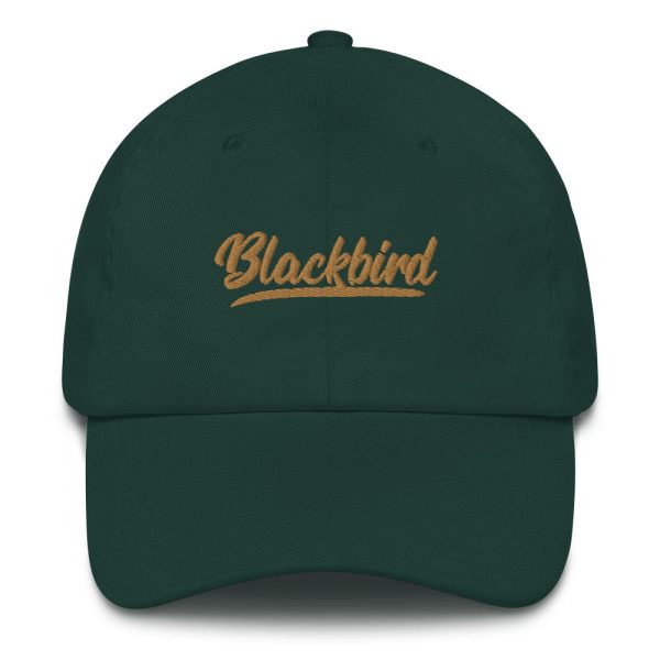 Dad hat with the word "blackbird" embroidered in gold cursive font on the front.