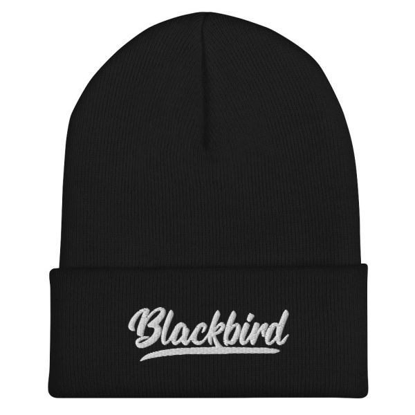 A black Cuffed Beanie with the word "blackbird" embroidered on the cuff in a cursive script with golden thread.