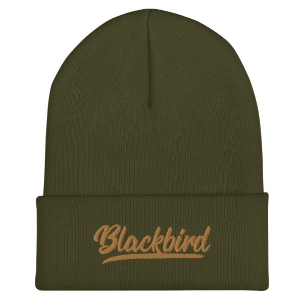 A dark green Cuffed Beanie with the word "blackbird" embroidered on the cuff in a cursive script with golden thread.