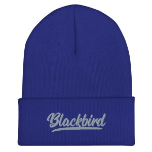 Blue knitted Cuffed Beanie with a cuffed brim and embroidered text that reads "blackbird".