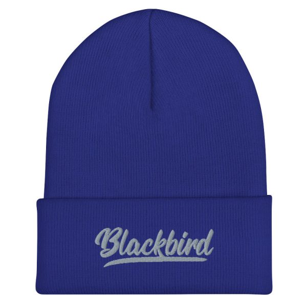 Blue knitted Cuffed Beanie with a cuffed brim and embroidered text that reads "blackbird".