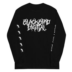 Sentence with the product name: Death Metal Long Sleeve Tee with white gothic lettering and a series of small white skull graphics on the left sleeve.