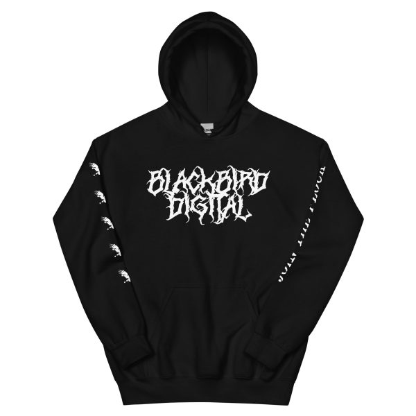 Death Metal Hoodie with gothic-style white lettering on the front and sleeve designs.