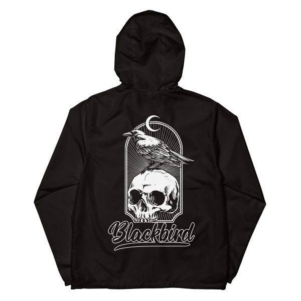 Black hooded jacket with a white graphic of a skull and bird design, featuring the word "blackbird".
Product Name: The Raven Windbreaker