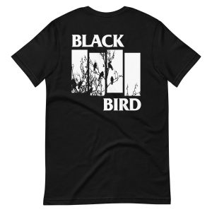 A Black Flag inspired tee featuring the silhouette of tree branches and a bird with the words "black bird" printed in white block letters.