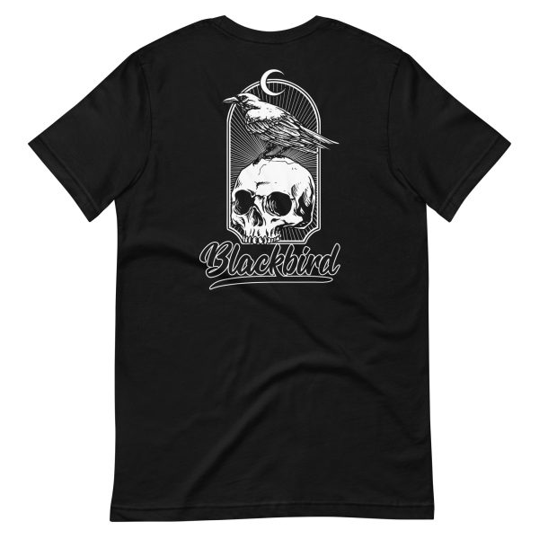 The Raven Tee with a white graphic print featuring a skull and a bird, with the word 'blackbird' below the image.