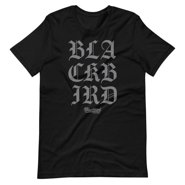 Blackletter Tee with the mirrored text "blackbird" printed in white capital letters, featuring a stylized design that allows the word to be read both right side up and upside down.