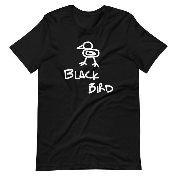 Black t-shirt with a white cartoon-style drawing of a figure wearing a hat and the words "Blackbird" written below.