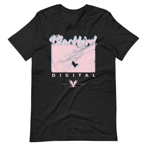 The Branches Classic Tee features "Blackbird Digital" written in stylized fonts, along with a bird silhouette and branch set against a pink and blue rectangle. Below the image, "Est. 2023" is accompanied by a small bird graphic.